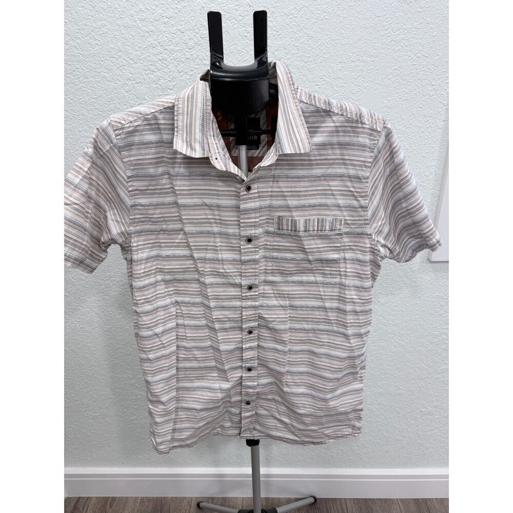 Prana Men's Short Sleeve Button Up Cotton Blend Front Pocket Striped Shirt Sz L